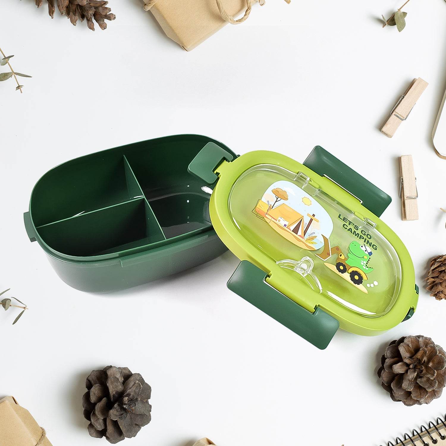 Plastic Lunch Box Leak Proof 3 Compartment With Bottle Spoon And Fork (1 Set) - 9XShoppy