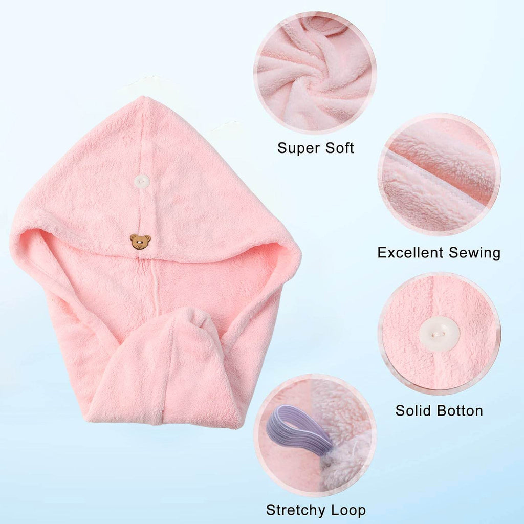 Soft Microfiber Hair Drying Towel Wrap With Cute Teddy Bear Button (1 Pc) - 9XShoppy