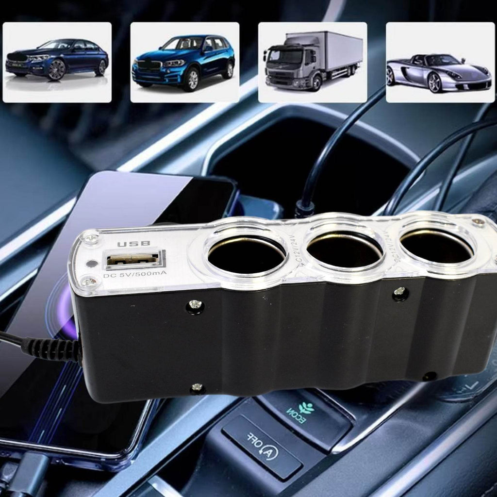 Triple 3 Way Car 12v Lighter Socket Splitter Usb Charger Power Adapter - 9XShoppy
