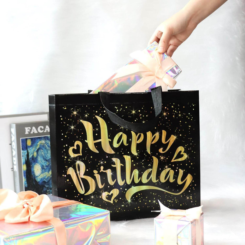 Birthday Gift Bag With Gold Shiny Stars Reusable Party Gift Bags (1 Pc) - 9XShoppy