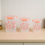 Square 3 Pcs Floral Printed Airtight Storage Container Set Approx 2.8 Ltr 4.5 Ltr 6.9 Ltr (3 Pcs Set) - 9XShoppy