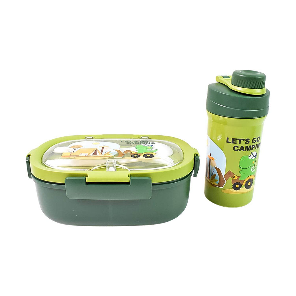 Plastic Lunch Box Leak Proof 3 Compartment With Bottle Spoon And Fork (1 Set) - 9XShoppy