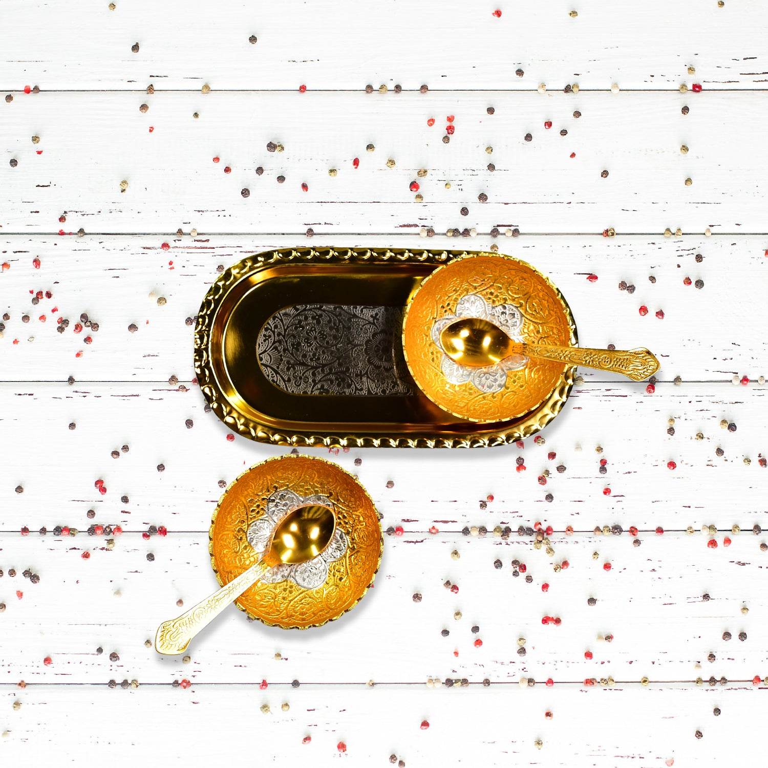 Gold Silver Plated 2 Bowl 2 Spoon Tray Set Brass - 9XShoppy