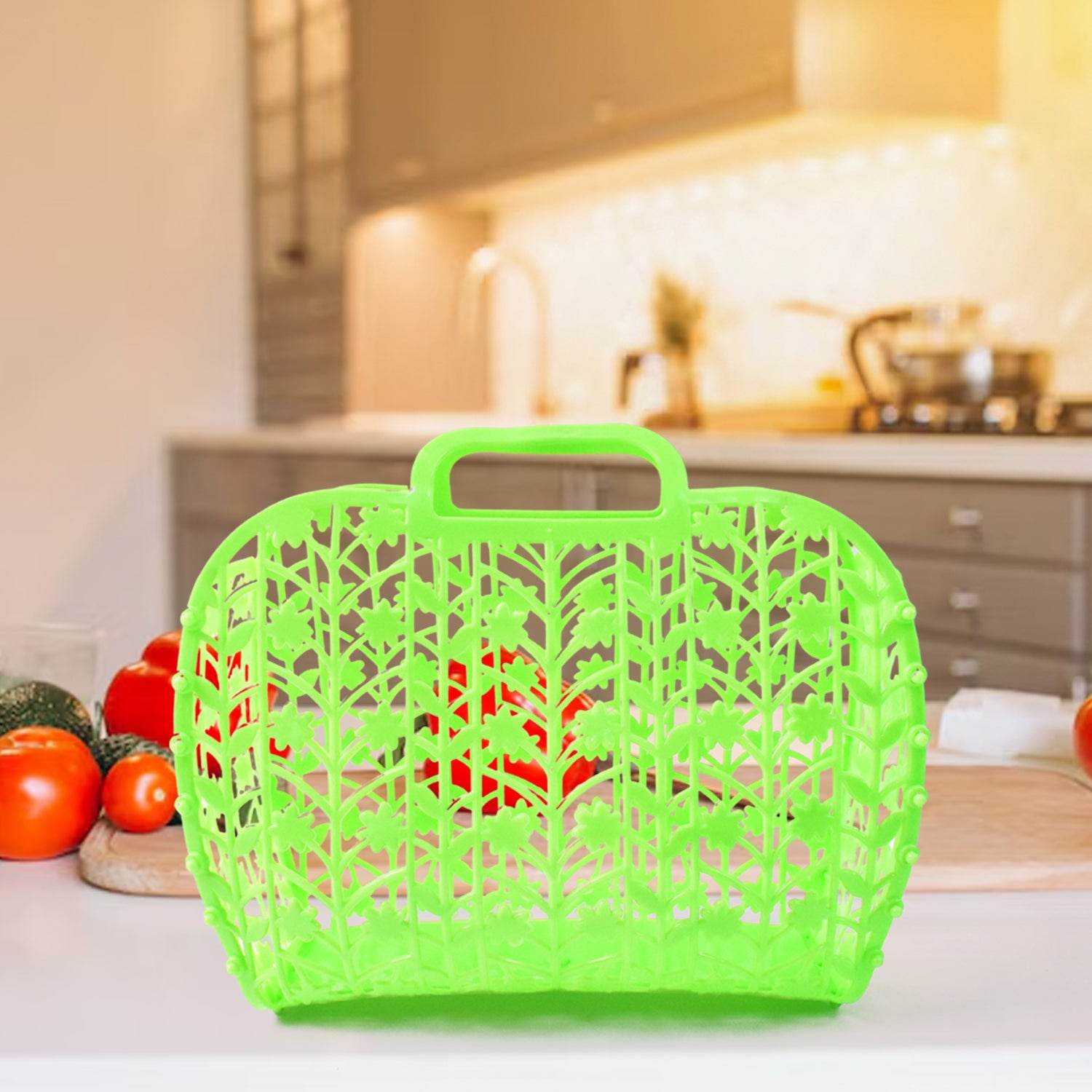 Plastic Foldable Basket Bag Fruit Vegetable Storage Basket (3 Pcs Set Multicolor) - 9XShoppy