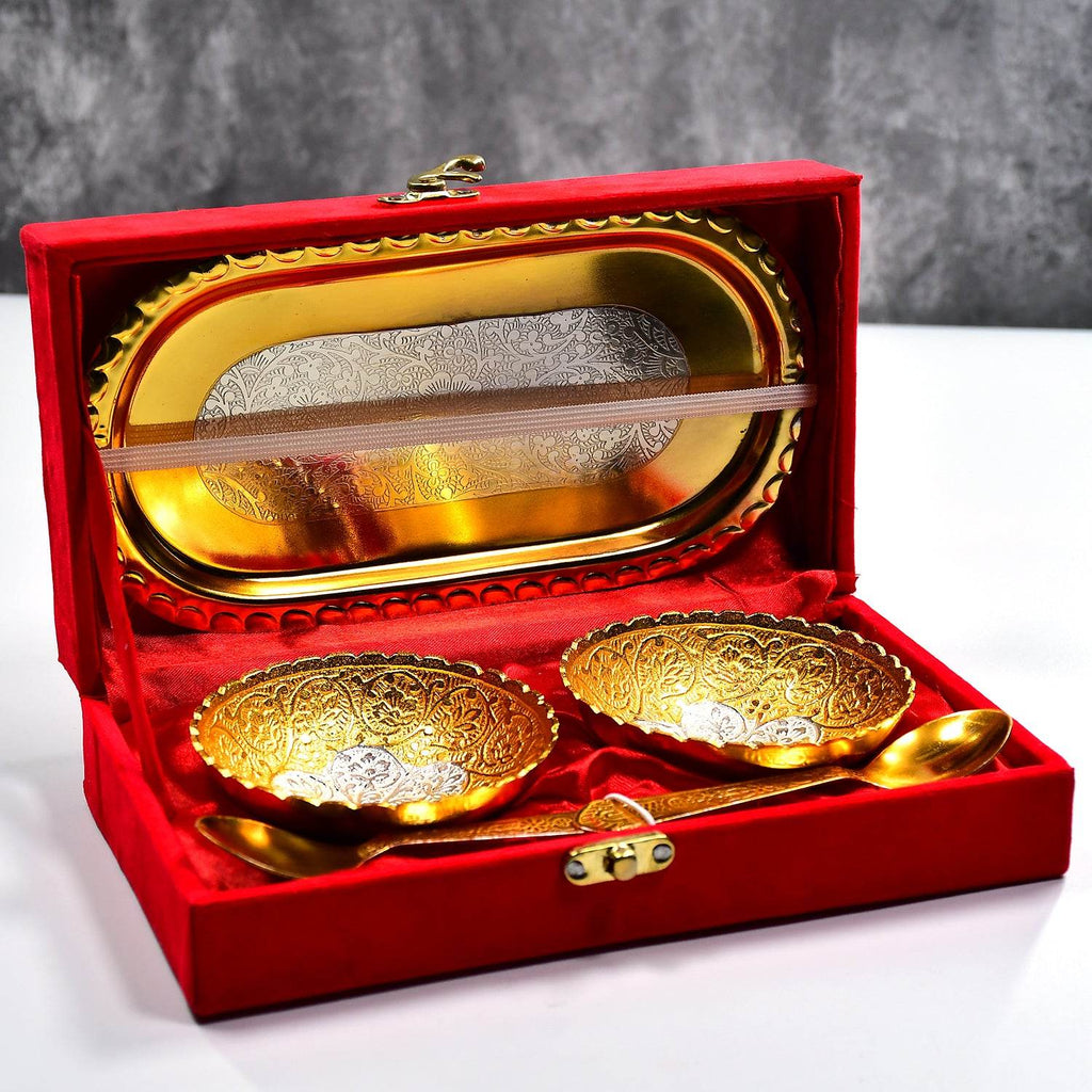 Gold Silver Plated 2 Bowl 2 Spoon Tray Set Brass - 9XShoppy