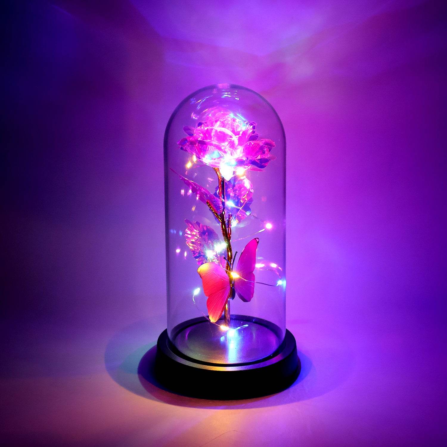 Led Decorative Rose With Butterfly In Transparent Plastic Dome (1 Pc Battery Not Included) - 9XShoppy