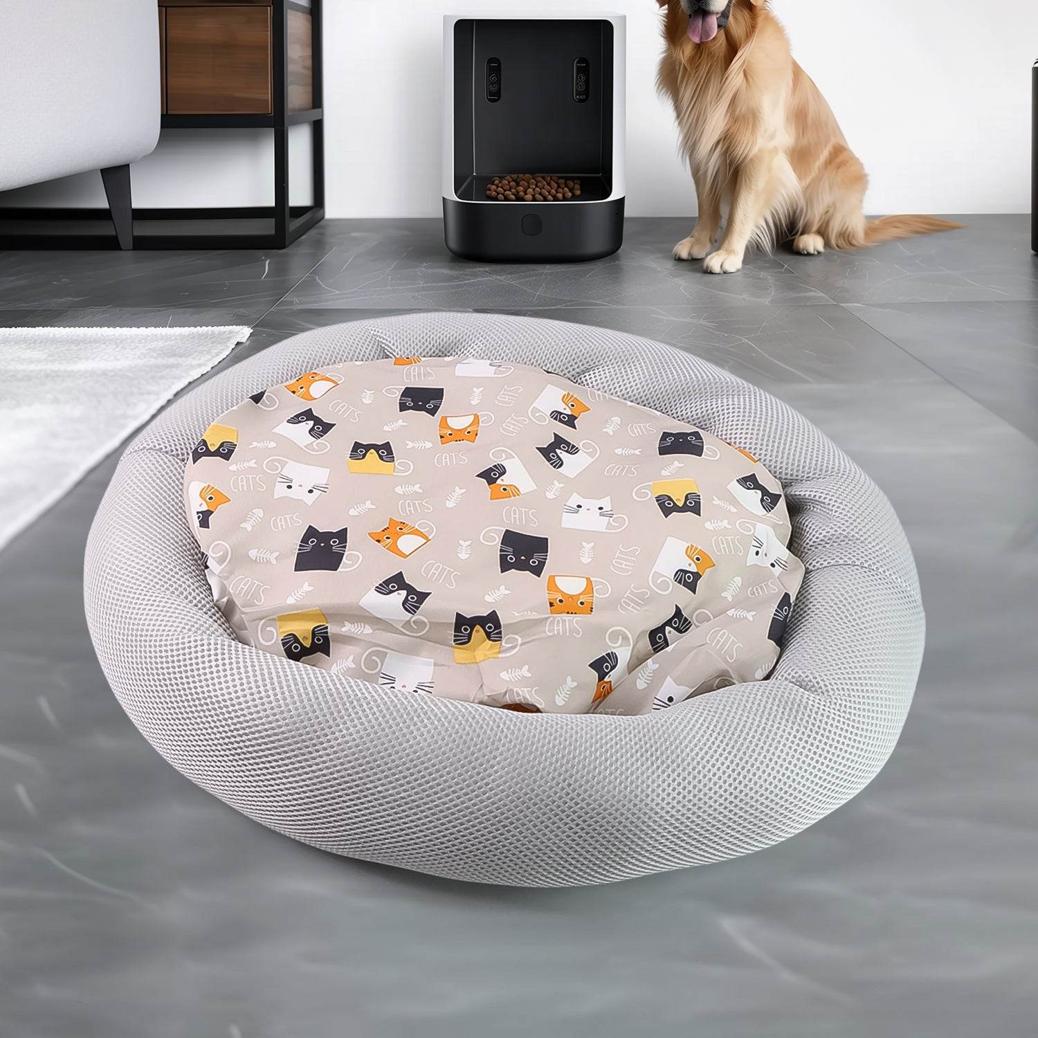 Round Soft Plush Cat Bed With Cartoon Cat Print Cushion 1 Pc - 9XShoppy