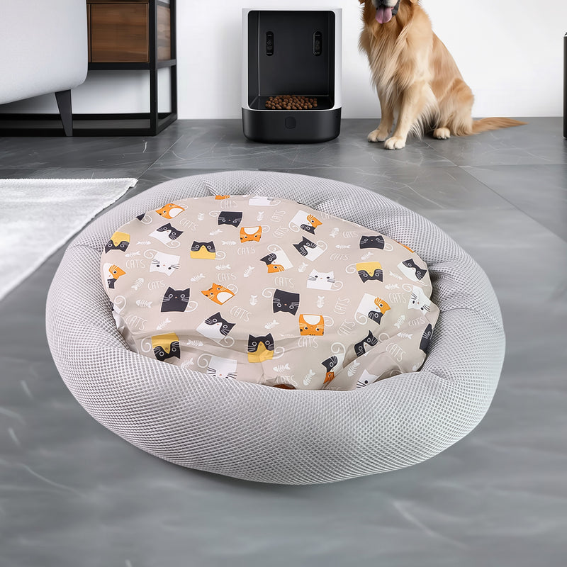 Round Soft Plush Cat Bed With Cartoon Cat Print Cushion  1 Pc