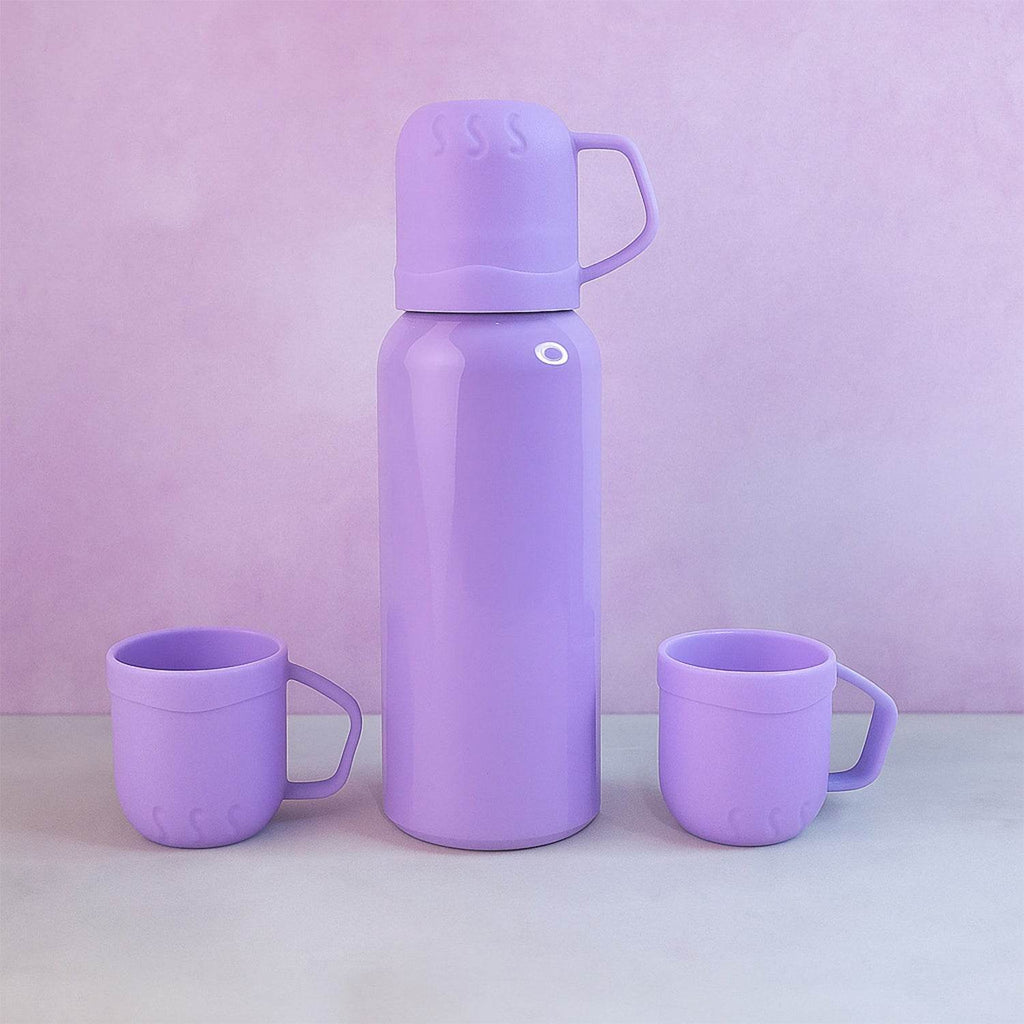Purple Vacuum Flask Set Stainless Steel Thermos With 3 Cups Approx 500ml - 9XShoppy