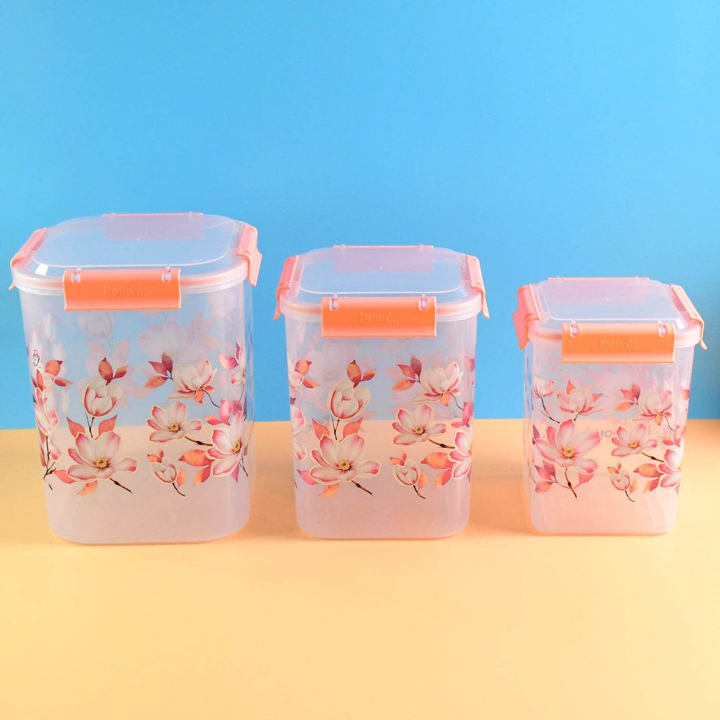 Square 3 Pcs Floral Printed Airtight Storage Container Set Approx 2.8 Ltr 4.5 Ltr 6.9 Ltr (3 Pcs Set) - 9XShoppy