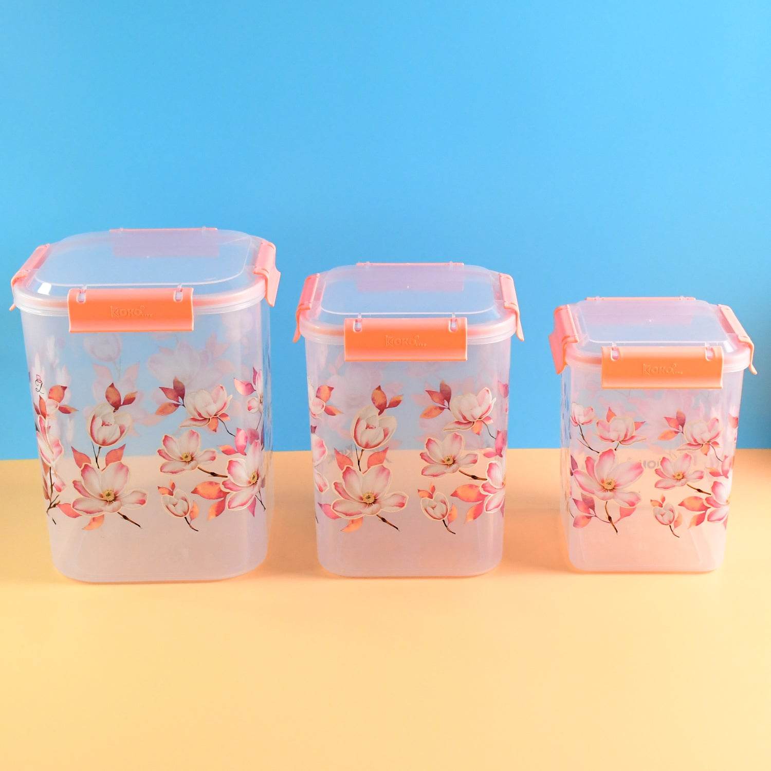 Square 3 Pcs Floral Printed Airtight Storage Container Set Approx 2.8 Ltr 4.5 Ltr 6.9 Ltr (3 Pcs Set) - 9XShoppy
