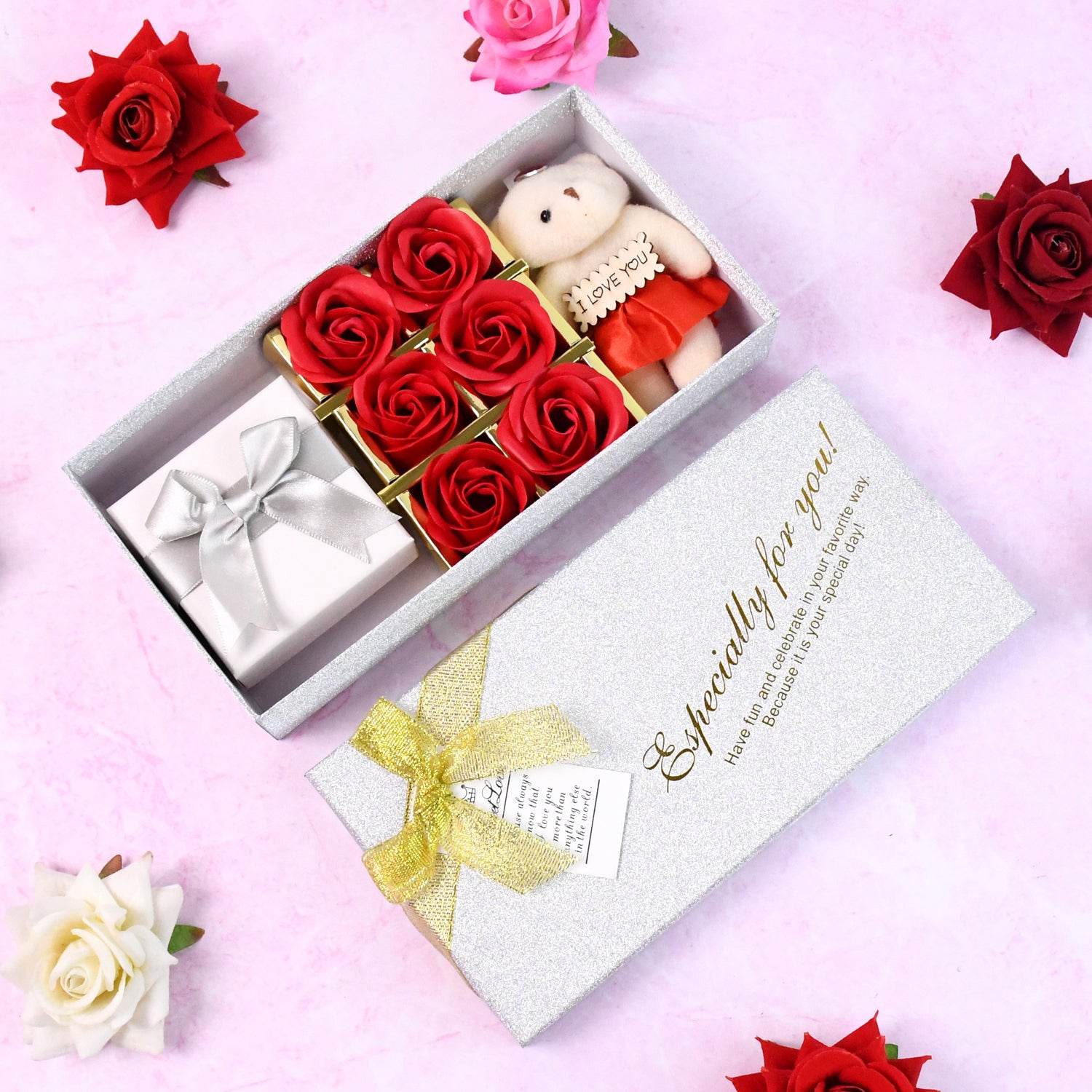 Valentine Day Gift Set Scented Rose Flowers Pack With Teddy - 9XShoppy