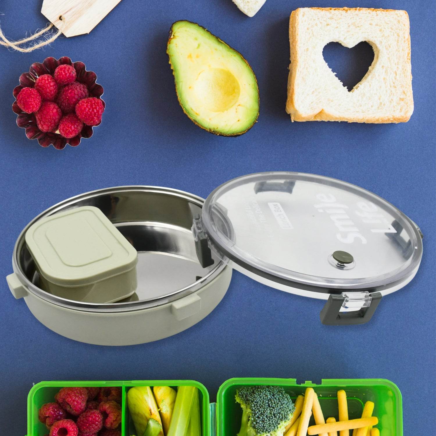 5584 Miracle Stainless Steel Round Lunch Box With Small Plastic Box Insert Leak Proof Lunch Box With Transparent Lid Lunch Box For Kids Adults For School Office (450 Ml + 250 Ml Approx) - 9XShoppy