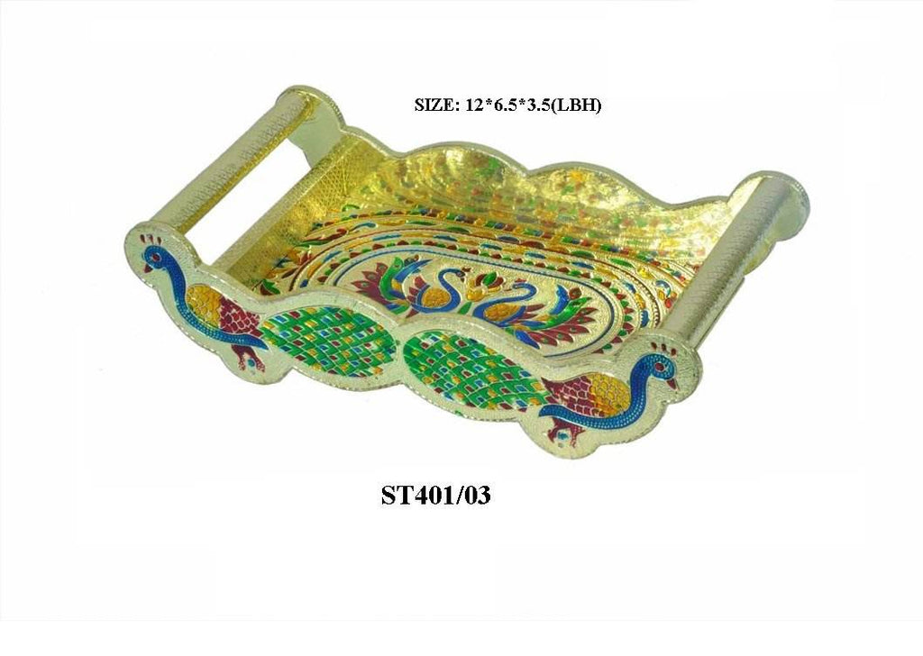 Peacock Design Glass With Handle And Handicraft Serving Tray Set - 9XShoppy
