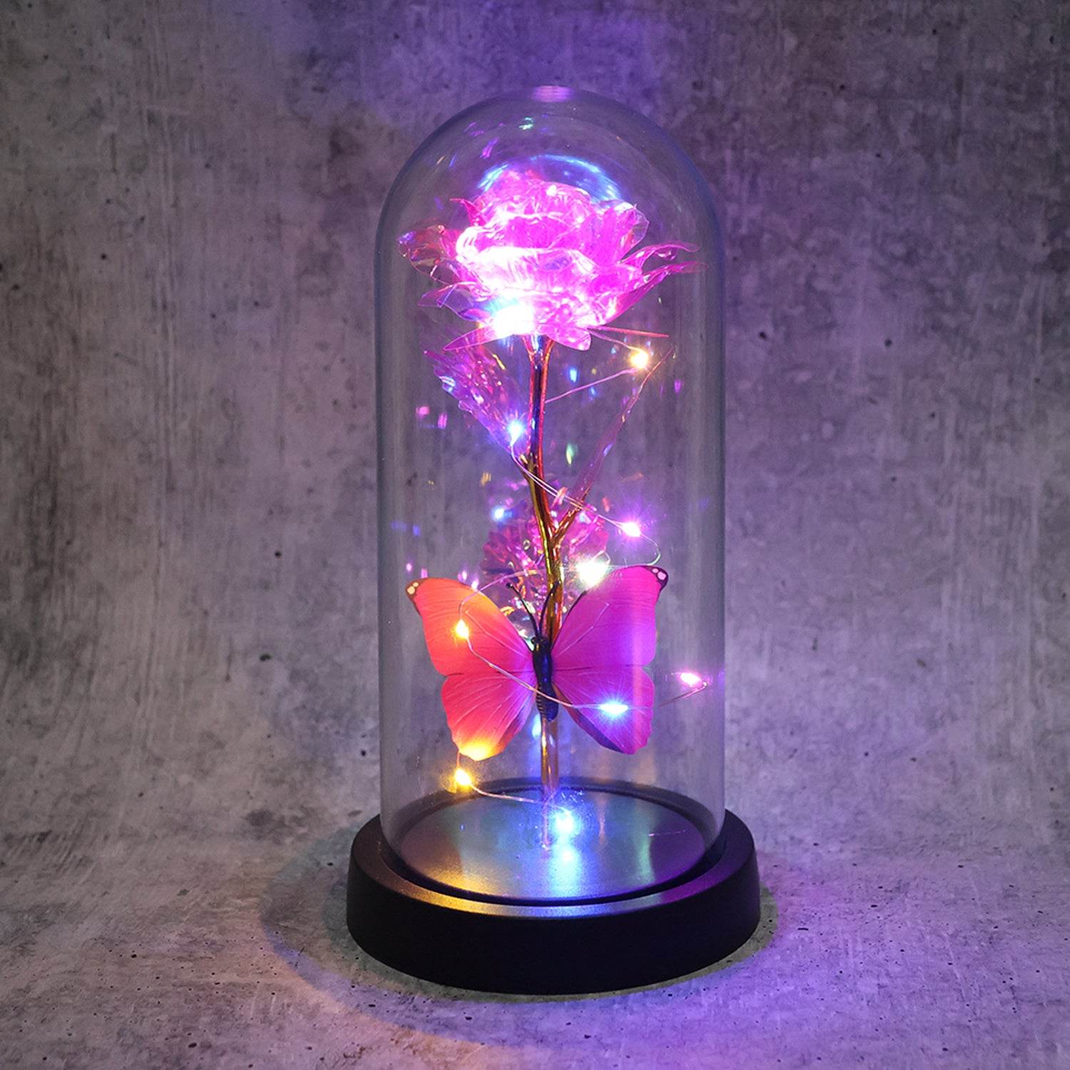 Led Decorative Rose With Butterfly In Transparent Plastic Dome (1 Pc Battery Not Included) - 9XShoppy