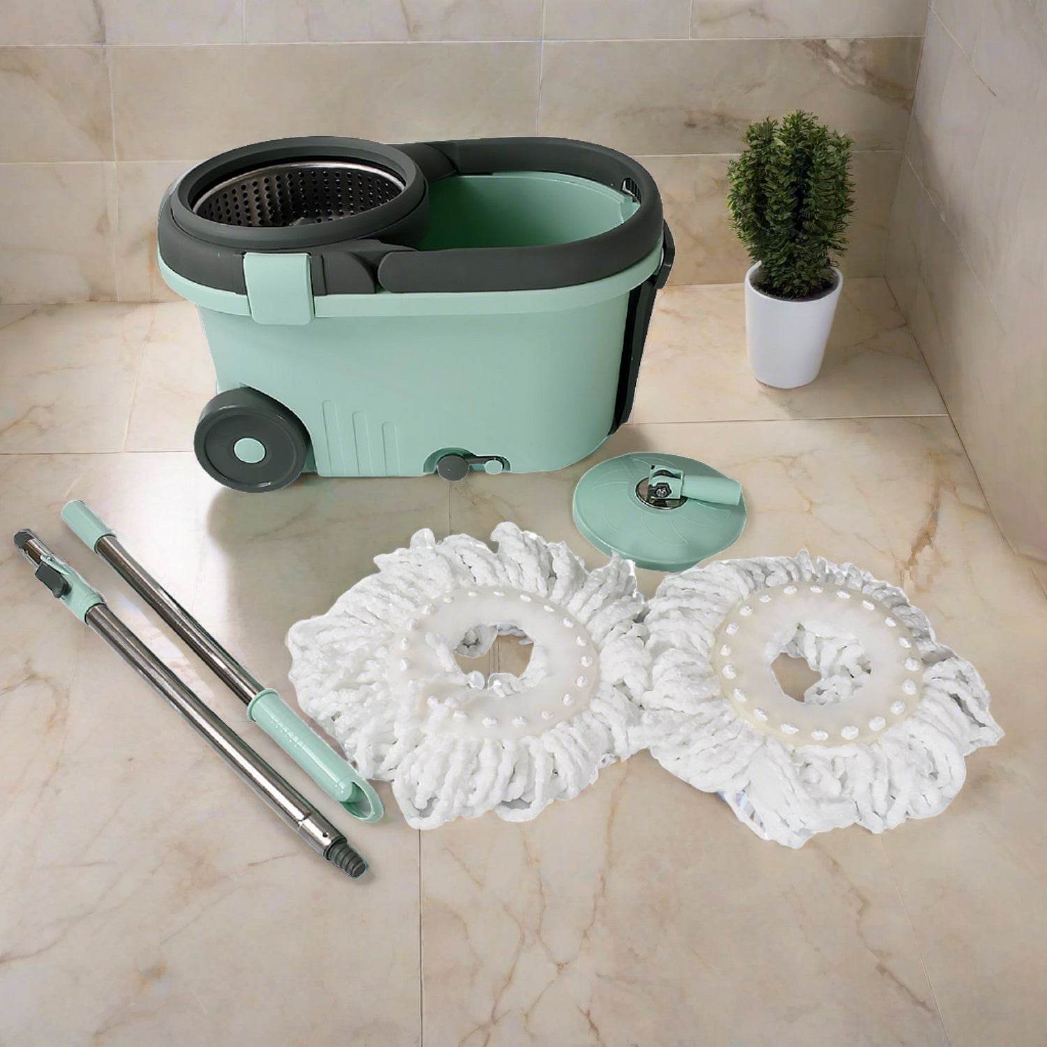 8084 Ganesh Quick Spin Mop Steel Spin Bucket Floor Cleaning Easy Wheels Big Bucket Floor Cleaning Mop With Bucket 2 Micro Fiber Head Refill - 9XShoppy