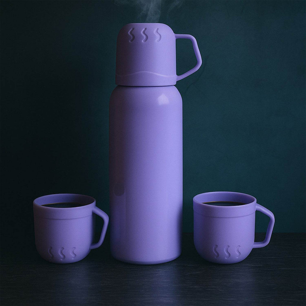Purple Vacuum Flask Set Stainless Steel Thermos With 3 Cups Approx 500ml - 9XShoppy