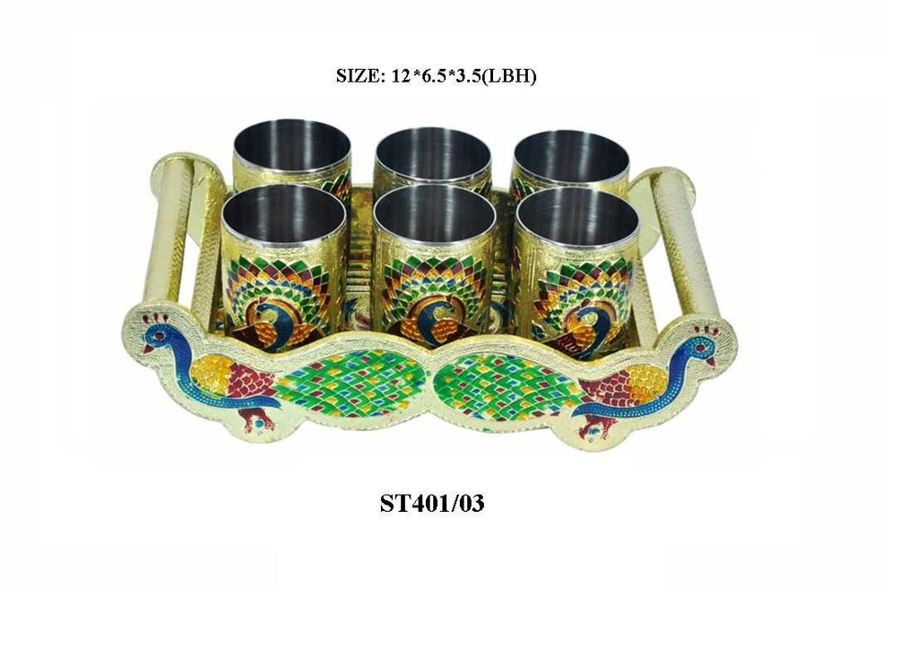Peacock Design Glass With Handle And Handicraft Serving Tray Set - 9XShoppy