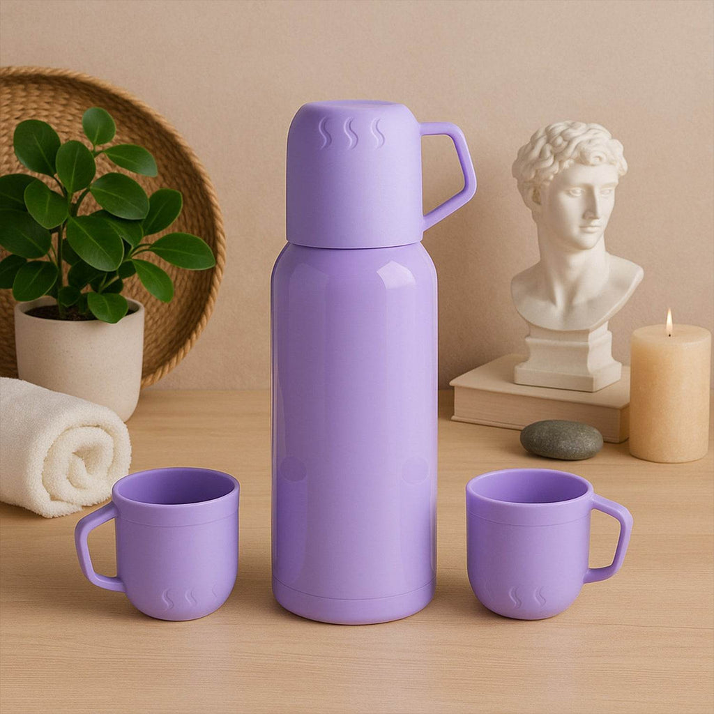 Purple Vacuum Flask Set Stainless Steel Thermos With 3 Cups Approx 500ml - 9XShoppy