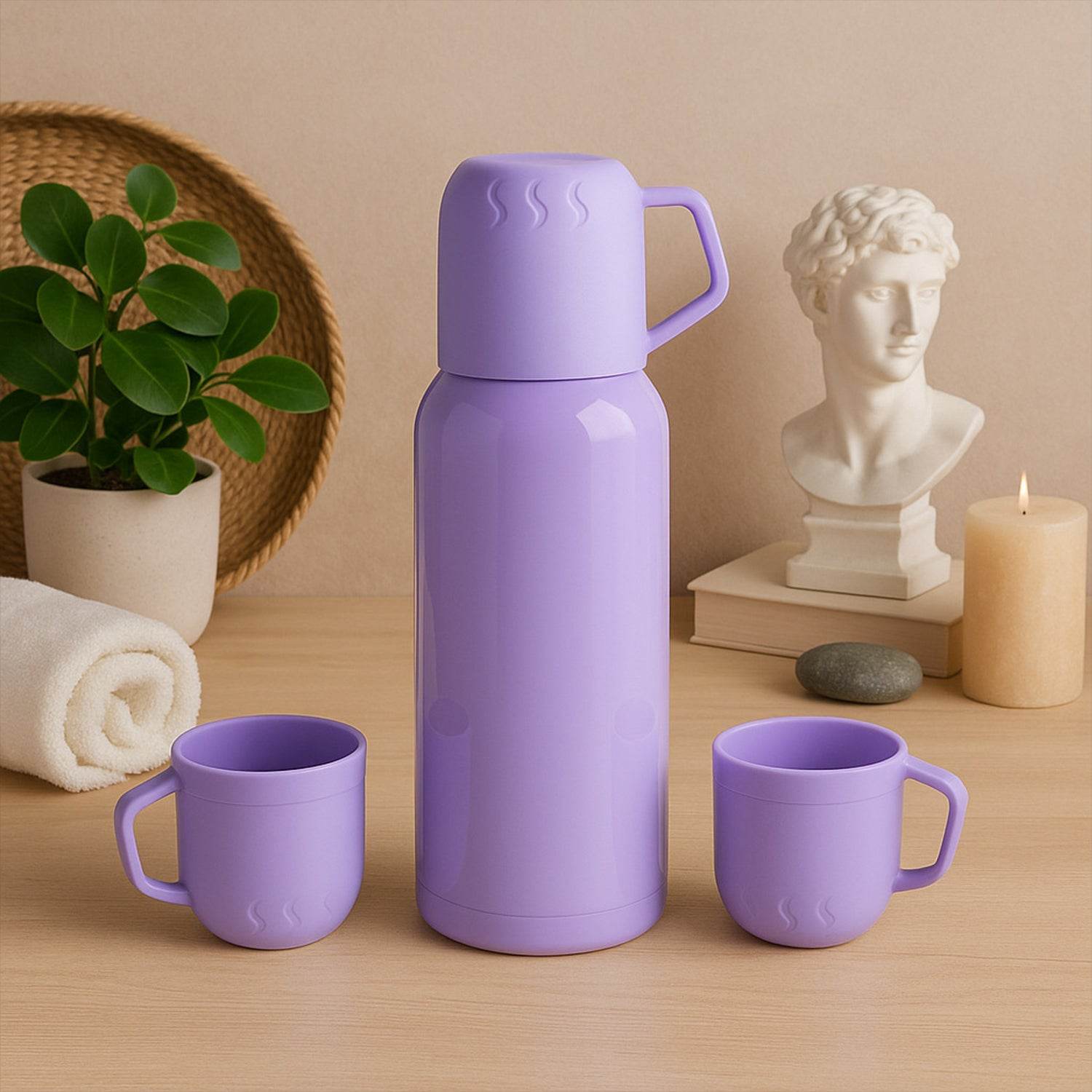 Purple Vacuum Flask Set Stainless Steel Thermos With 3 Cups Approx 500ml - 9XShoppy