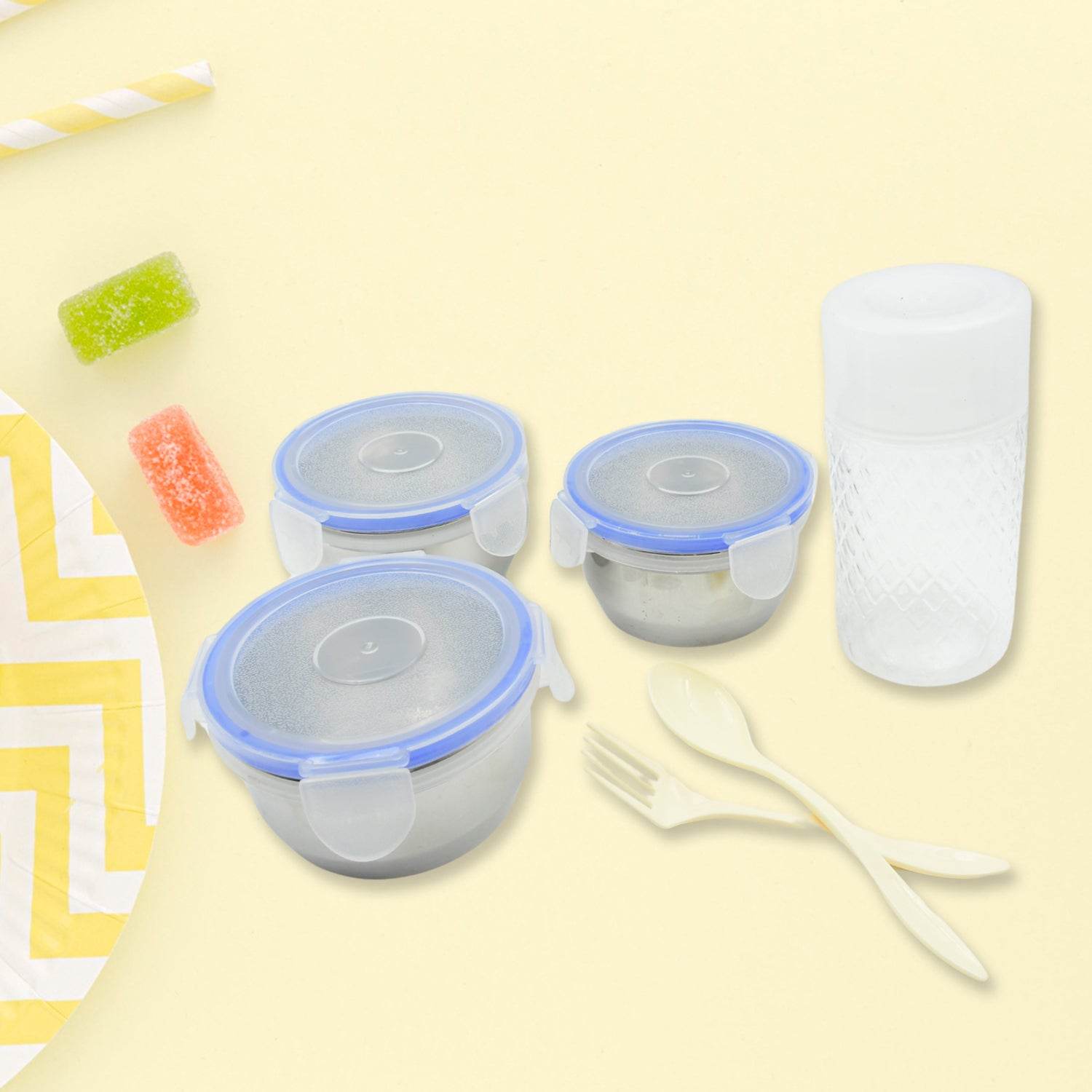 5773 6in1 Tiffin Box-lunch Box 3 Stainless Steel Containers Plastic Lid Box Spoon Fork Plastic Bottle Insulated Fabric Bag Leak Proof Microwave Safe For Office College And School For Men Women (6 Pcs) - 9XShoppy