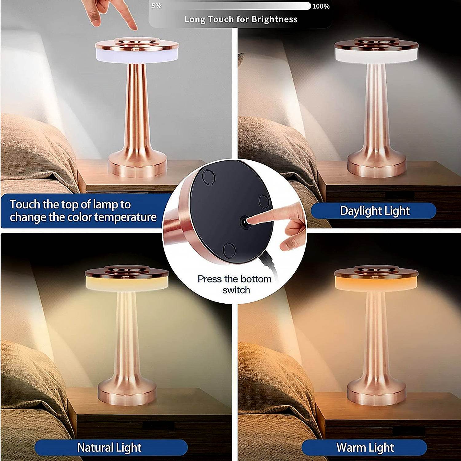 Led Lamp With Touch Control Decorative Desk Lamp Portable Metal Led Table Lamp Usb Rechargeable 3 Color 3 Levels Brightness Dimmable Eye Protection Modern Lamp For Home Decor Party Kids Room Bedroom (1 Pc) - 9XShoppy