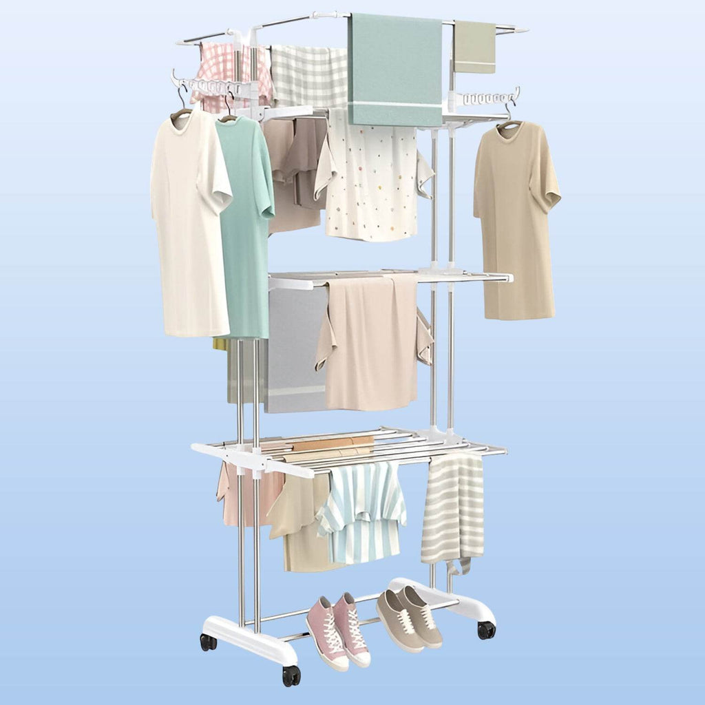 3-tier Foldable Stainless Steel Cloth Drying Stand With Wheels - 9XShoppy
