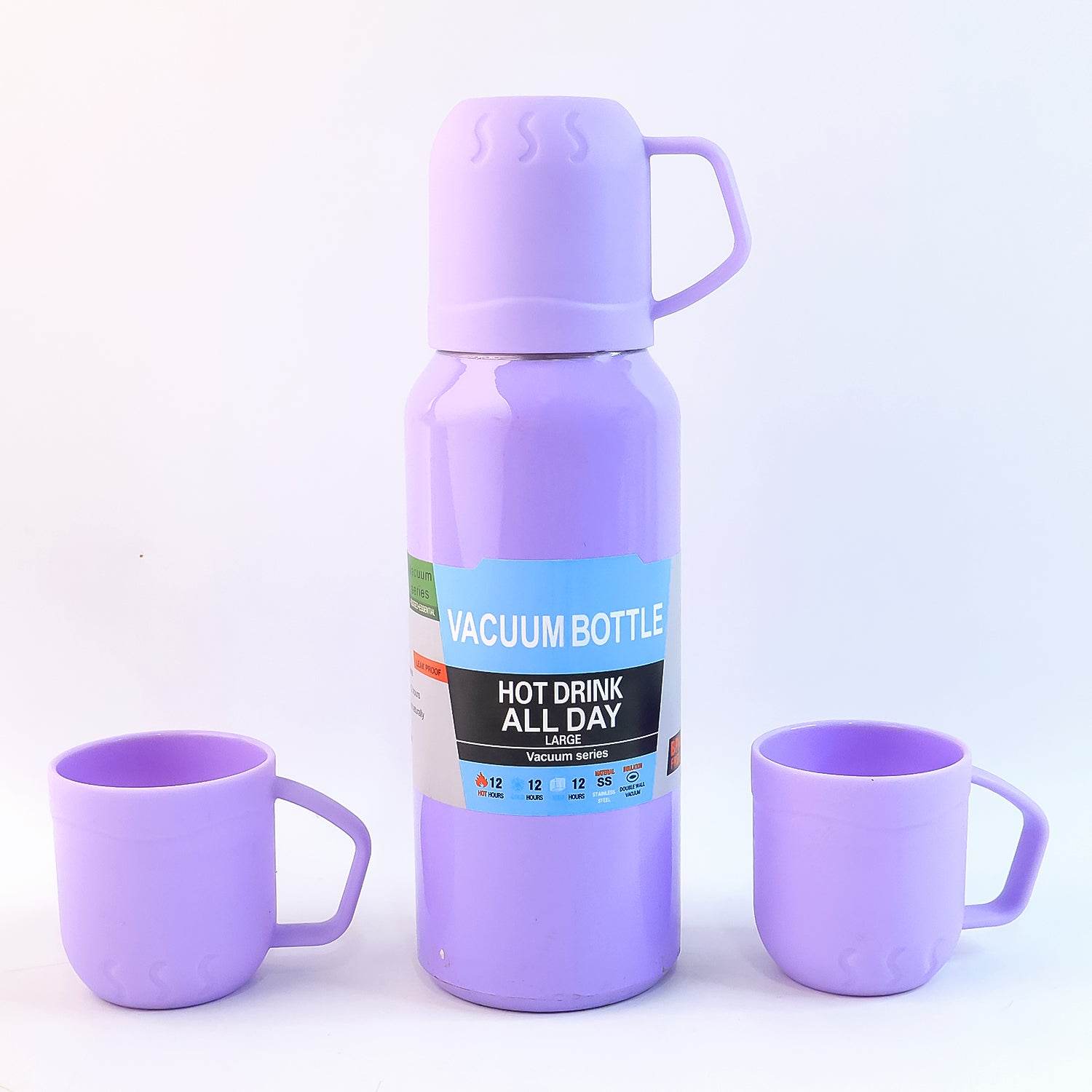 Purple Vacuum Flask Set Stainless Steel Thermos With 3 Cups Approx 500ml - 9XShoppy