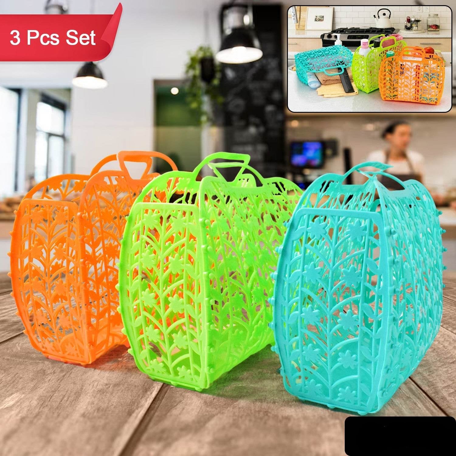 Plastic Foldable Basket Bag Fruit Vegetable Storage Basket (3 Pcs Set Multicolor) - 9XShoppy